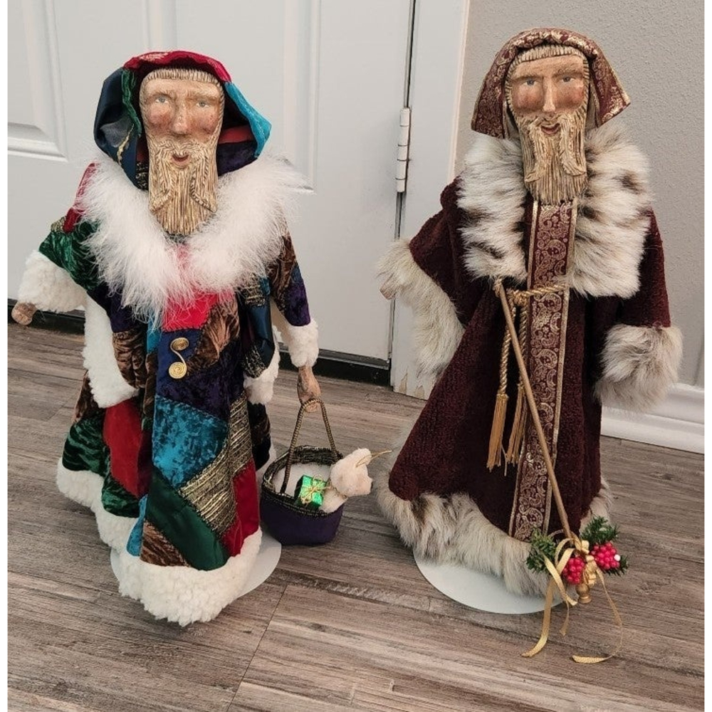 Qty 2 Vintage Primative Wood Carved Figures On Kaiser Chicago Stands